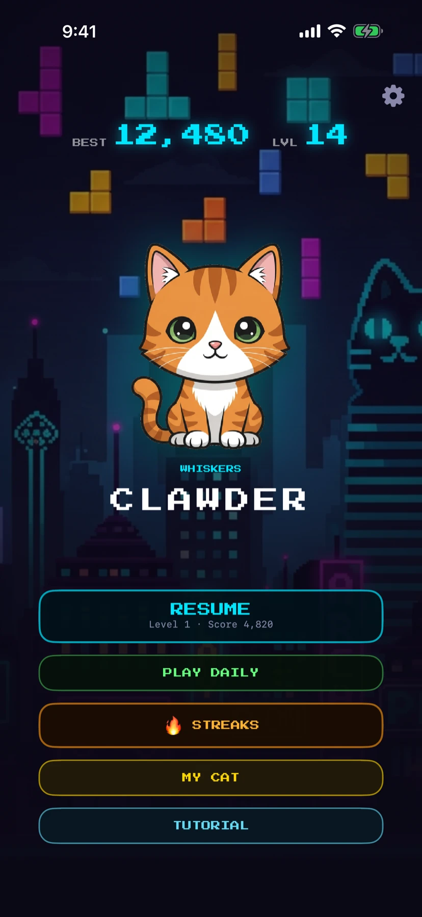 CLAWDER title screen — your cat above the menu, best score and level shown