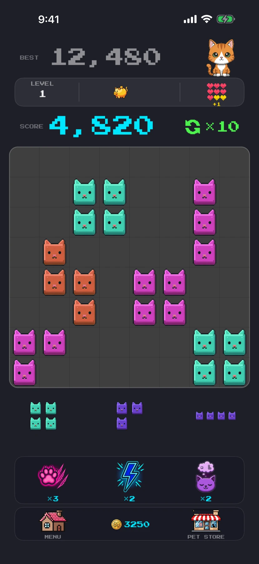 CLAWDER gameplay — cat-face pieces filling the 8x8 grid, next pieces in the tray below