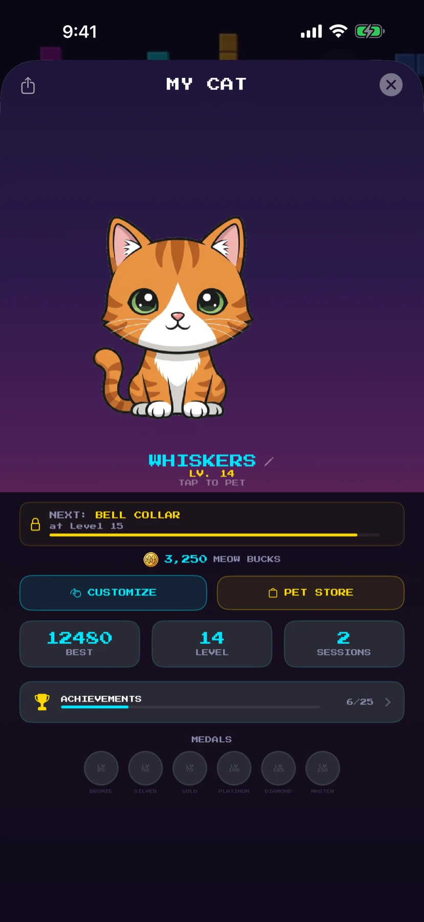 MY CAT screen — your cat, its level, and the next accessory to unlock