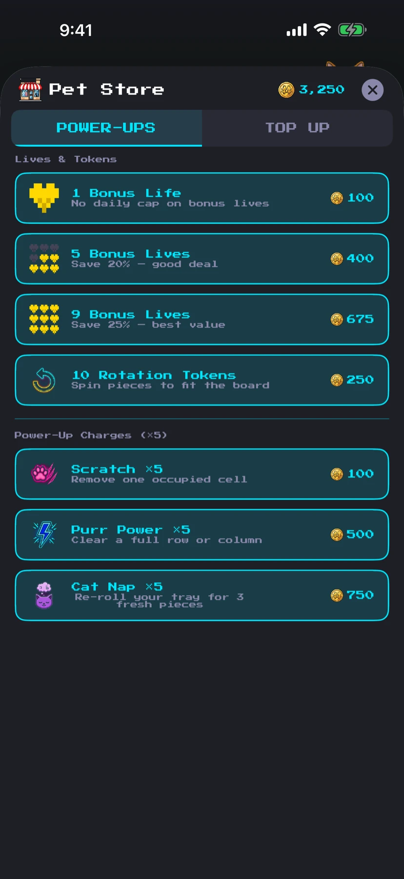 Pet Store — bonus lives, rotation tokens and power-ups, all priced in earnable Meow Bucks