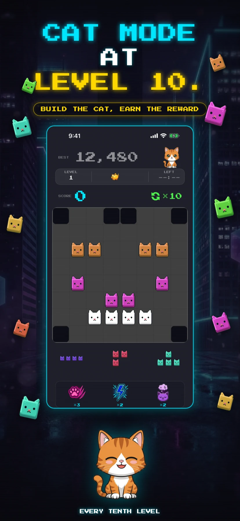 Cat Mode at level 10 — build the cat, earn the reward, every tenth level.