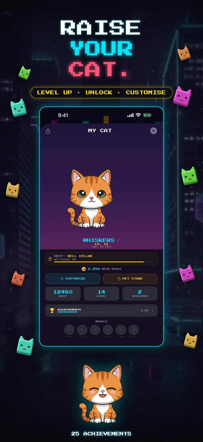Raise your cat — level up, unlock and customize.