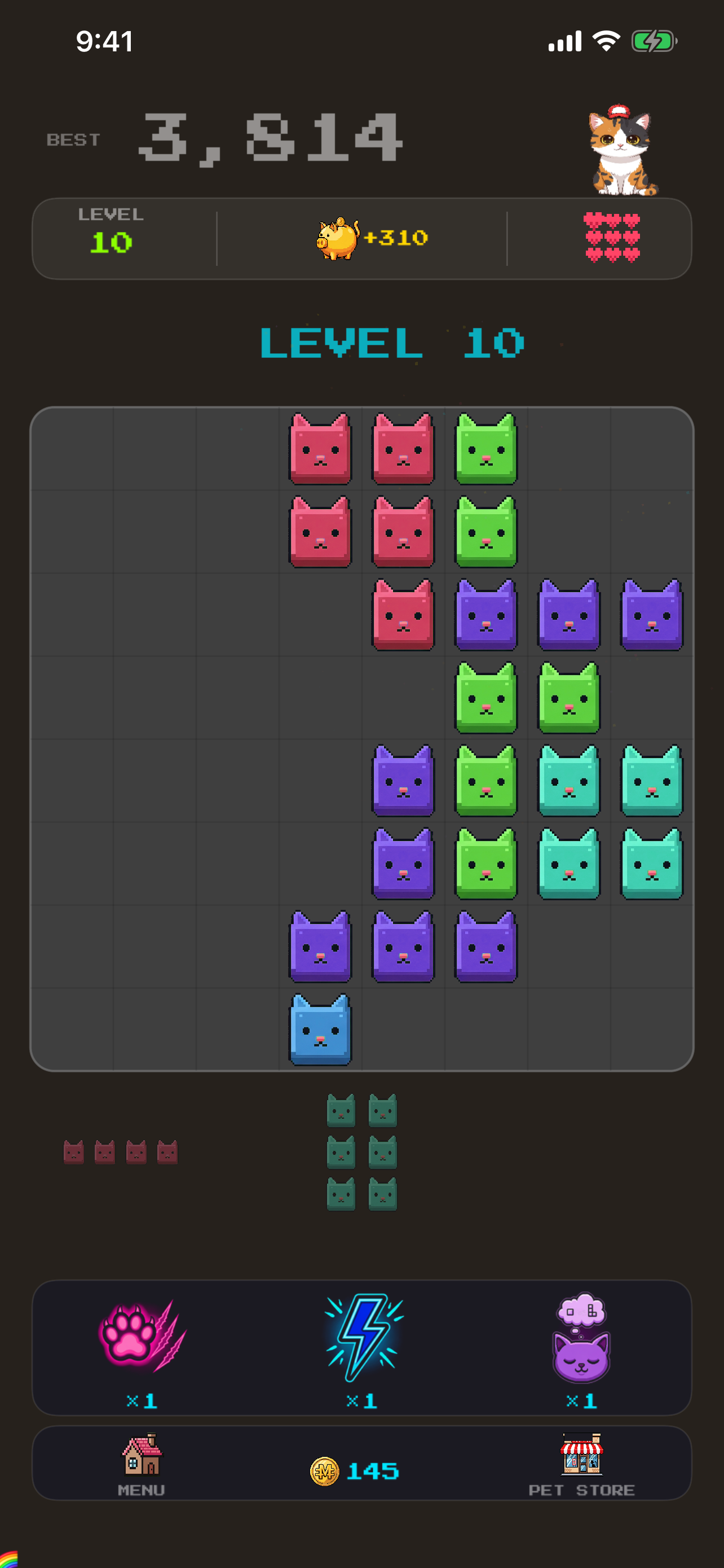CLAWDER gameplay at level 10 — cat-face blocks stacked on the grid with the next pieces waiting in the tray below